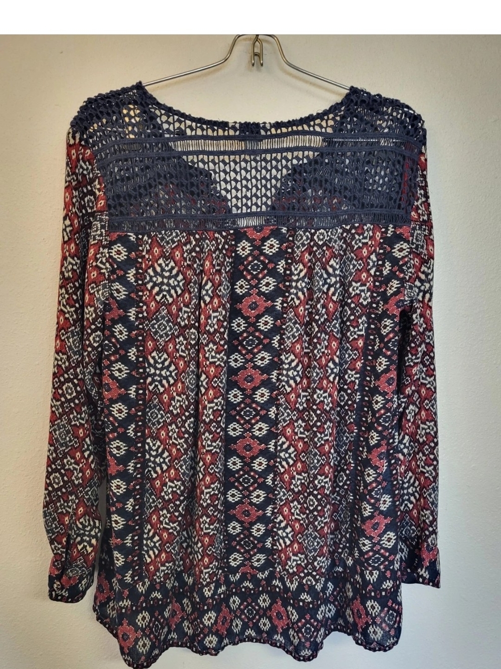 Lucky Brand Womens Sheer Boho Tribal Crochet Long Sleeve Top Size 1X